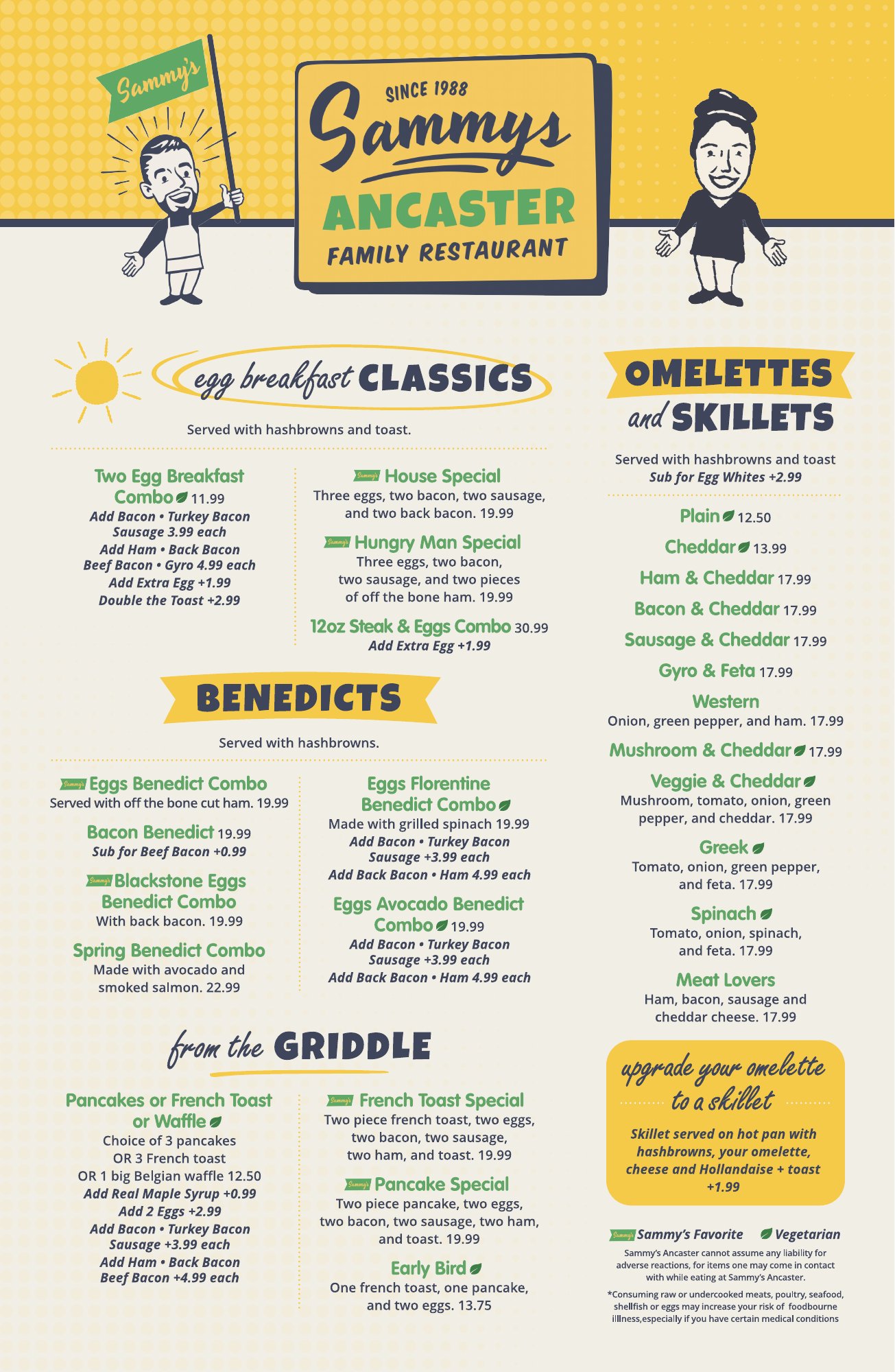 Sammy's breakfast menu, front page: egg breakfast classics, benedicts, from the griddle, omelettes and skillets