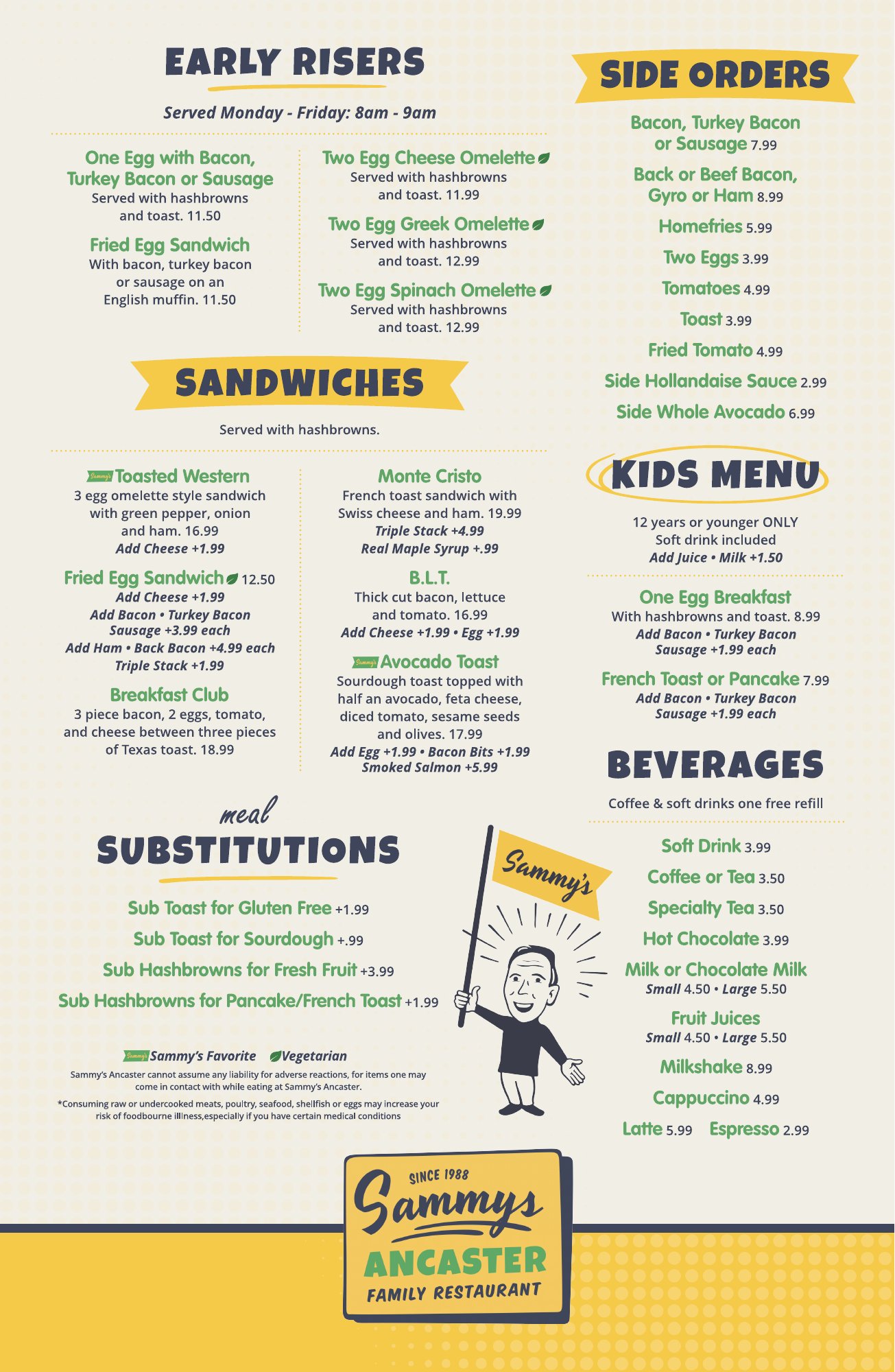 Sammy's breakfast menu, back page: early risers, sandwiches, meal substitutions, side orders, kids menu and beverages