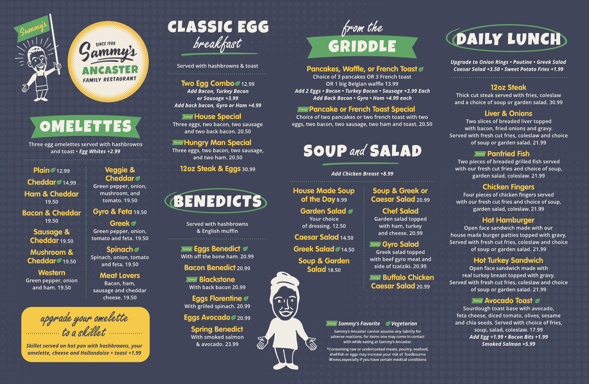Sammy's lunch menu, front page: omelettes, benedicts, from the griddle, soup and salad, daily lunch specials