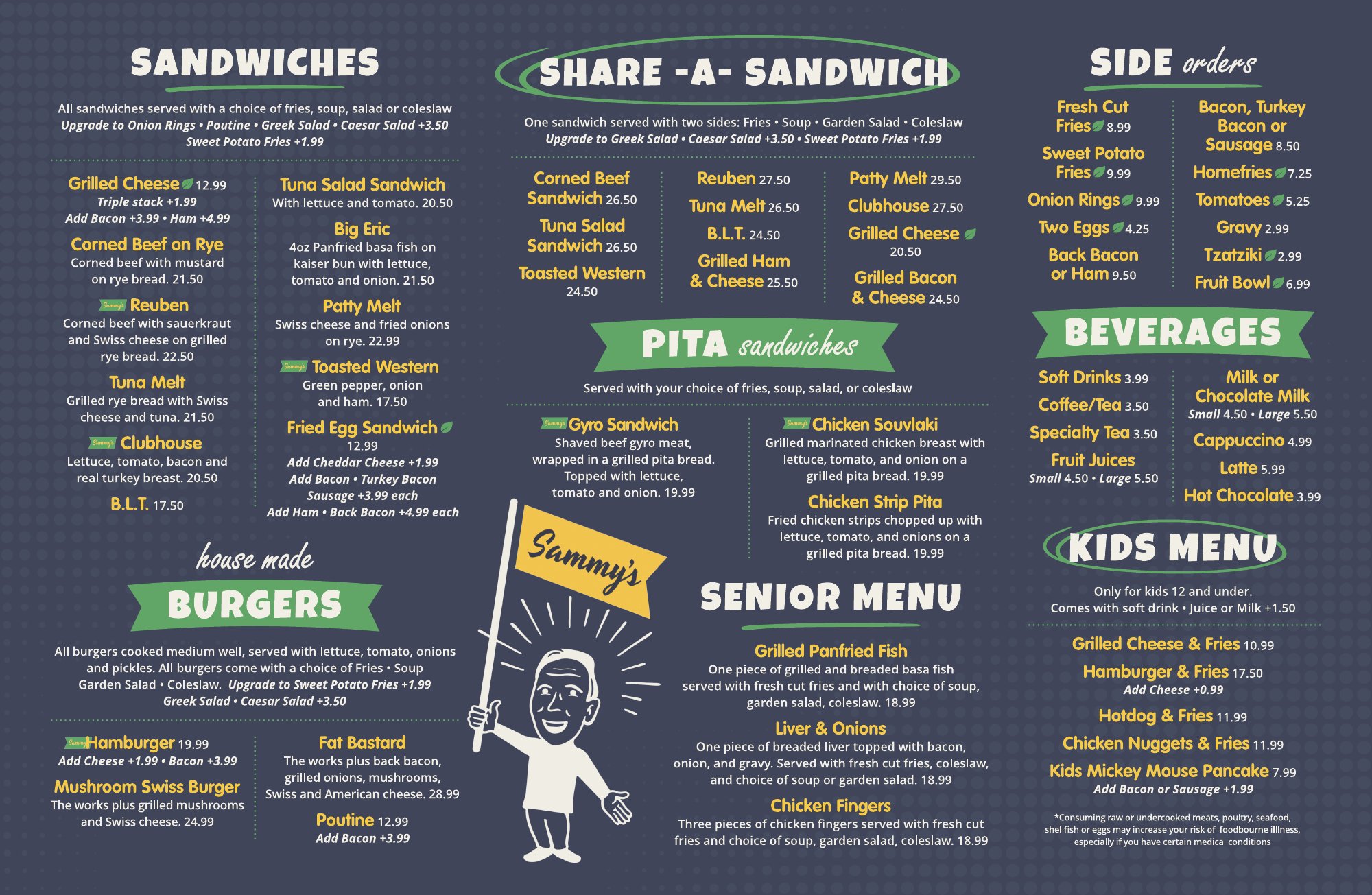 Sammy's lunch menu, back page: sandwiches, house made burgers, share-a-sandwich, pita sandwiches, senior menu, sides and kids menu